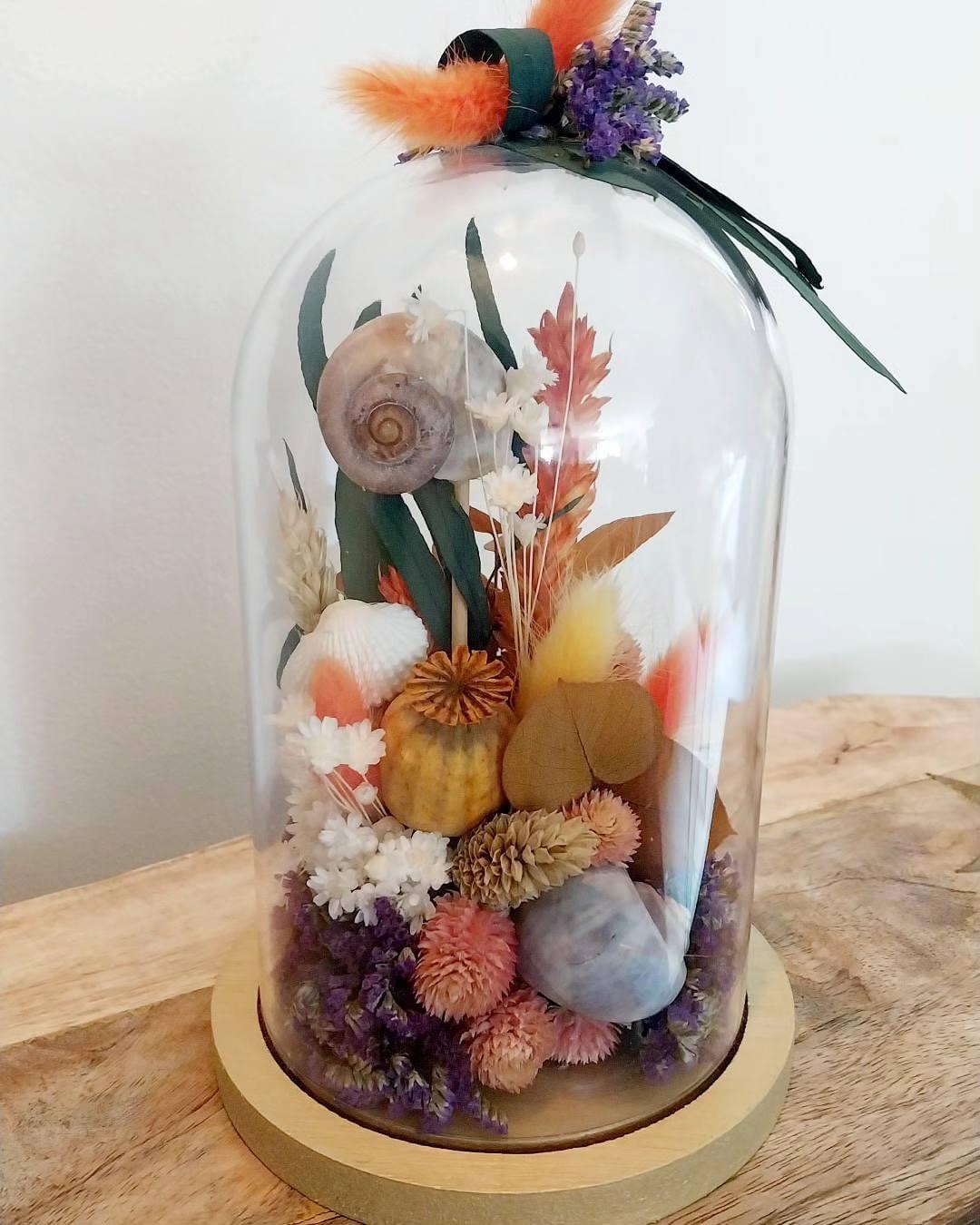 Zoom sur composition florale avec coquillages sous cloche Calies Home